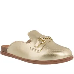 Mule Beira Rio Flat Detalhe Fivela Elos Metalizado Dourado