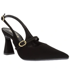 Scarpin Slingback Boneca Gabriela Salto Taça Fivelas Nobuck Preto