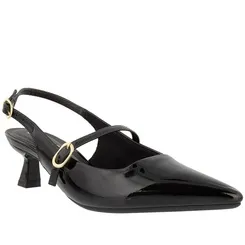 Scarpin Slingback Gabriela Salto Taça Fivelas Verniz Preto