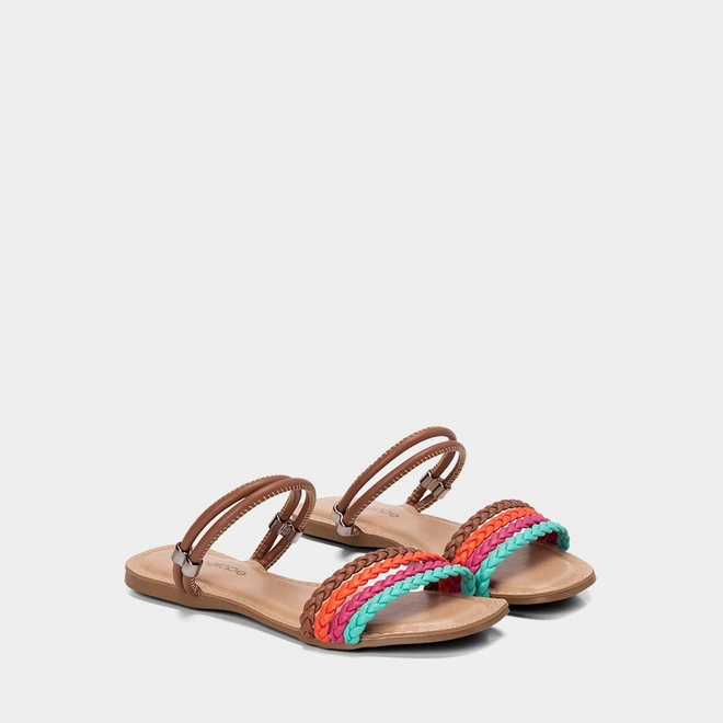 Sandália Rasteira Feminina Penélope Tiras Tressê Multicolor
