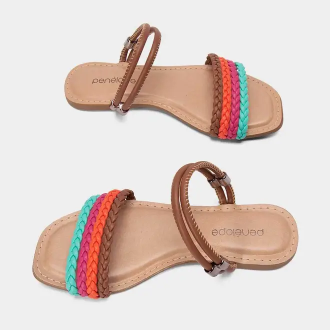 Sandália Rasteira Feminina Penélope Tiras Tressê Multicolor