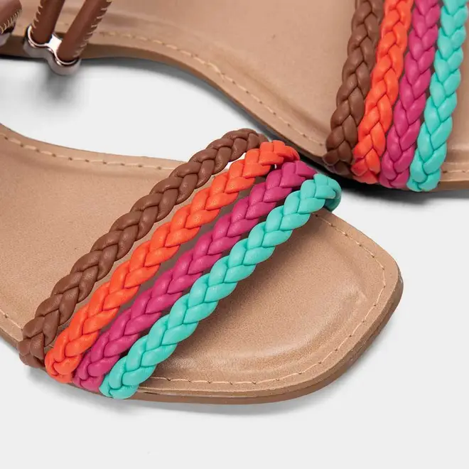 Sandália Rasteira Feminina Penélope Tiras Tressê Multicolor