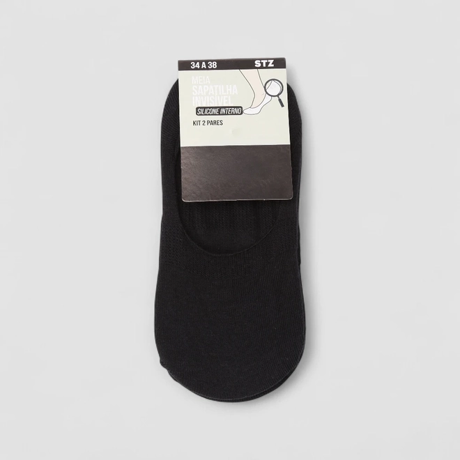 Kit Meia Sapatilha Invisível STZ Silicone Interno 2 Pares 34-38 Preto