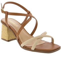 Sandália Gabriela Salto Grosso Tiras Cruzadas Ráfia Caramelo