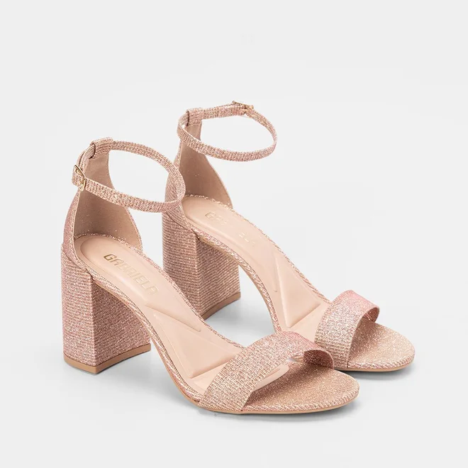 Sandália Gabriela Salto Grosso Glitter Rose Gold