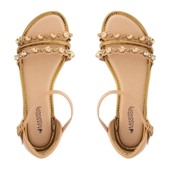 Sandália Rasteira Mississipi Tiras Pedraria Metalizado Bege