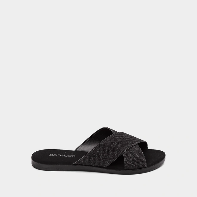 Rasteira Penélope Tiras Cruzadas Lurex Preto
