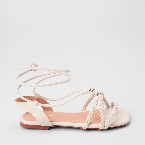 Sandália Rasteira Feminina Amarração Tiras Tressê & Nó Off White