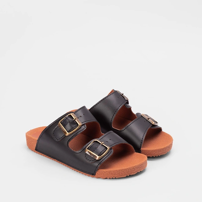 Rasteira Papete Penélope Flat Fivelas Metalizadas Preto