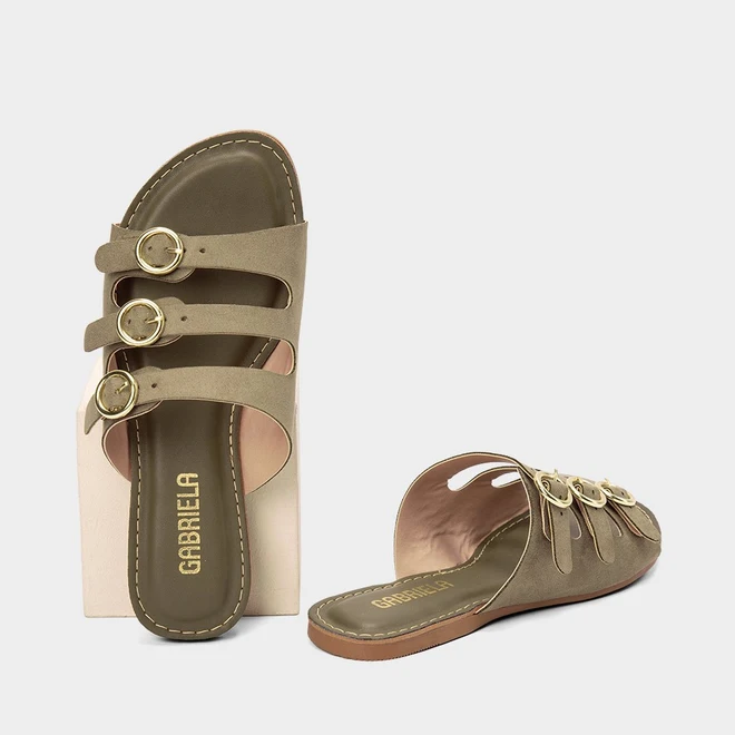 Rasteira Feminina Gabriela Tira Tripla Fivela Nobuck Verde Oliva