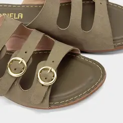 Rasteira Feminina Gabriela Tira Tripla Fivela Nobuck Verde Oliva