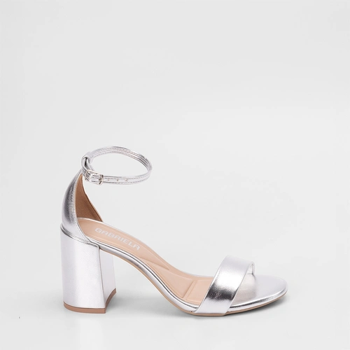 Sandália Feminina Gabriela Essenciais Salto Grosso Metalizado Prata