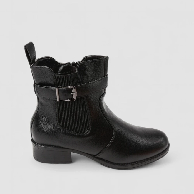 Bota Chelsea Mooncity Cano Curto Salto Bloco Detalhe Fivela Preto