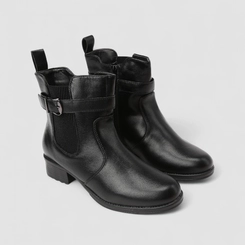 Bota Chelsea Mooncity Cano Curto Salto Bloco Detalhe Fivela Preto