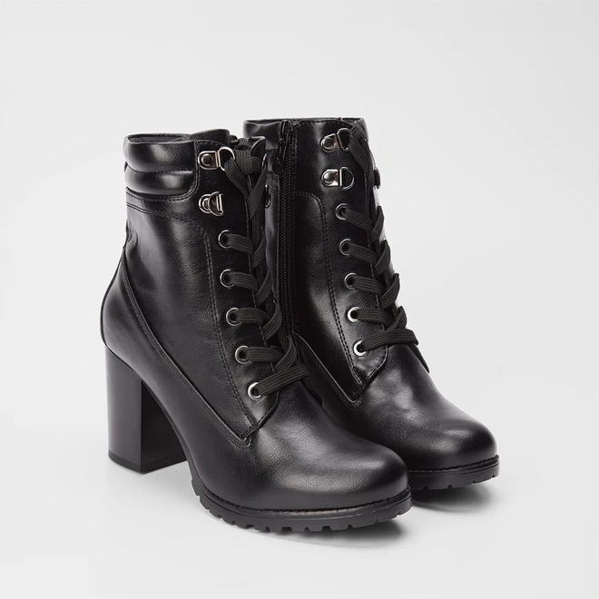 Bota Coturno Mooncity Salto Bloco Ilhós Duplo Preto