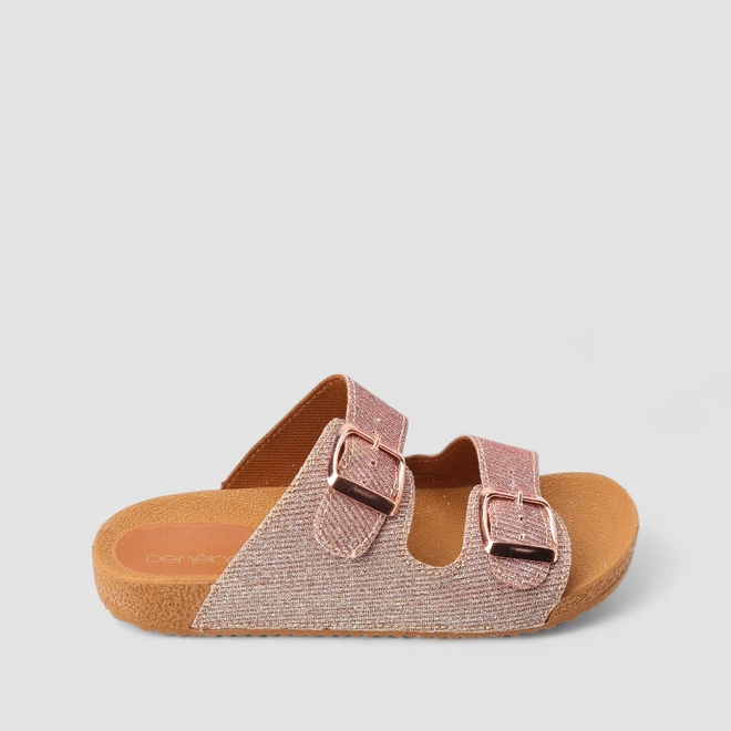Rasteira Papete Penélope Flat Detalhe Fivelas Metalizadas Lurex Rosé