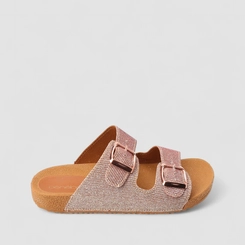 Rasteira Papete Penélope Flat Detalhe Fivelas Metalizadas Lurex Rosé