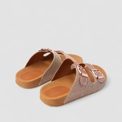 Rasteira Papete Penélope Flat Detalhe Fivelas Metalizadas Lurex Rosé