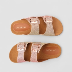 Rasteira Papete Penélope Flat Detalhe Fivelas Metalizadas Lurex Rosé