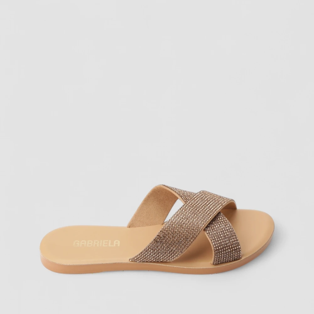 Rasteira Gabriela Flat Tiras Cruzadas Strass Bege
