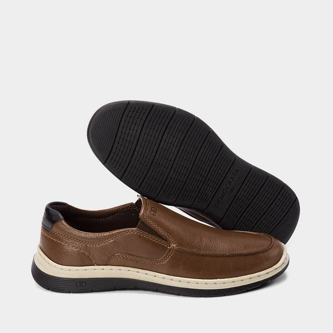 Slip On Democrata Leave Denim Couro Marrom
