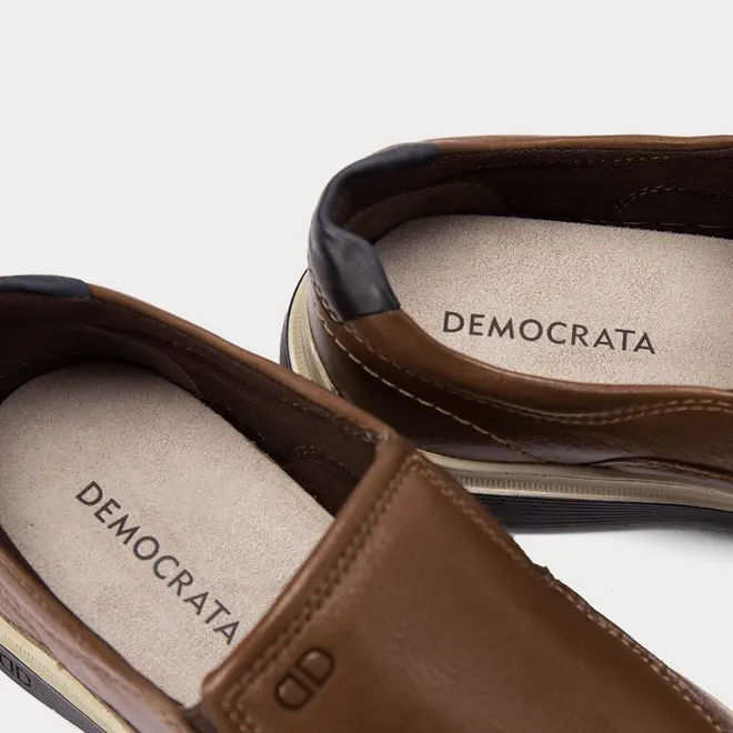 Slip On Democrata Leave Denim Couro Marrom