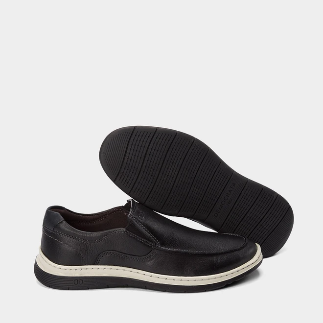 Slip On Democrata Leave Denim Couro Preto