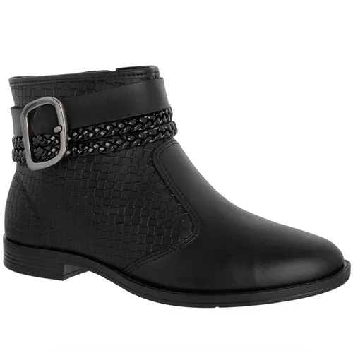 Ankle Boot Moleca Salto Bloco Fivela Tiras Tressê Verniz Trama Preto