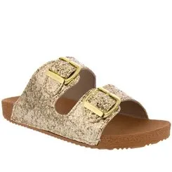 Rasteira Papete Penélope Flat Detalhe Fivelas Glitter Dourado