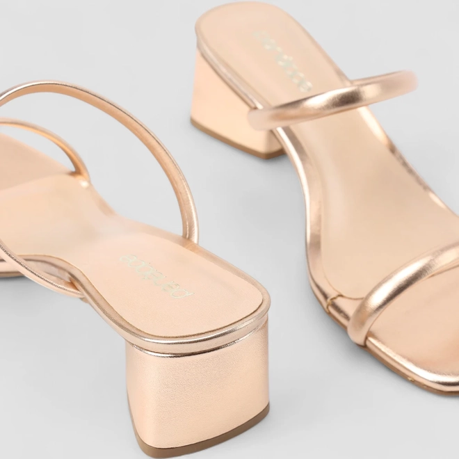 Tamanco Feminino Penélope Salto Geométrico Metalizado Ouro Rose