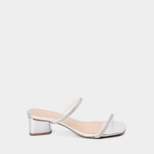 Vista 2 Tamanco Penélope Salto Geométrico Tiras Strass Metalizado Prata PENÉLOPE Prata