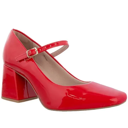 Scarpin Boneca Gabriela Salto Geométrico Verniz Vermelho