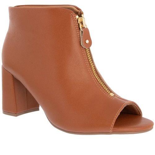 Open Ankle Boot Bebecê Salto Grosso Detalhe Zíper Caramelo