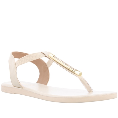 Sandália Rasteira Gabriela Flat Aplicação Strass Elástico Off White