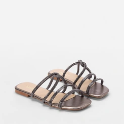 Rasteira Gabriela Tiras Entrelaçadas Strass Grafite