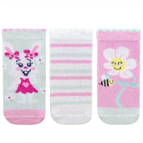 Kit Meia Soquete Infantil 3 Pares Recém Nascido Coelho & Flores Rosa