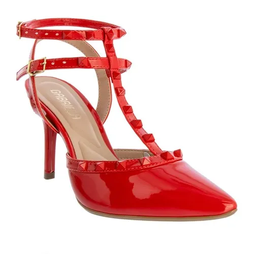 Scarpin Slingback Gabriela Salto Fino Fivelas Tachas Verniz Vermelho