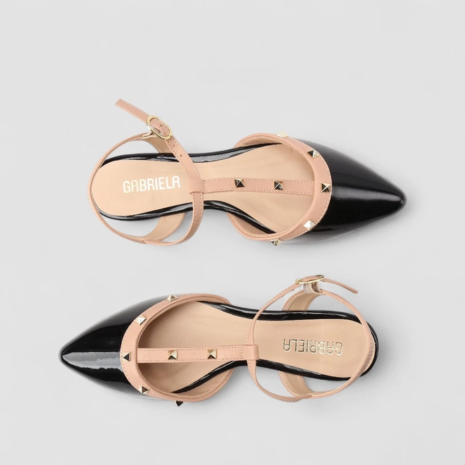 Slingback Gabriela Detalhe Recorte Tachas Nude & Preto