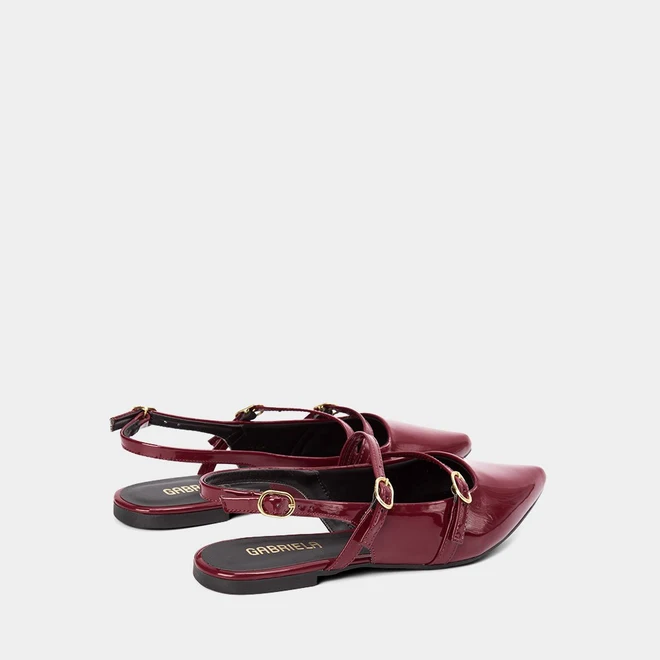 Sapatilha Boneca Slingback Feminina Gabriela Tiras Slim Fivelas Verniz Vinho