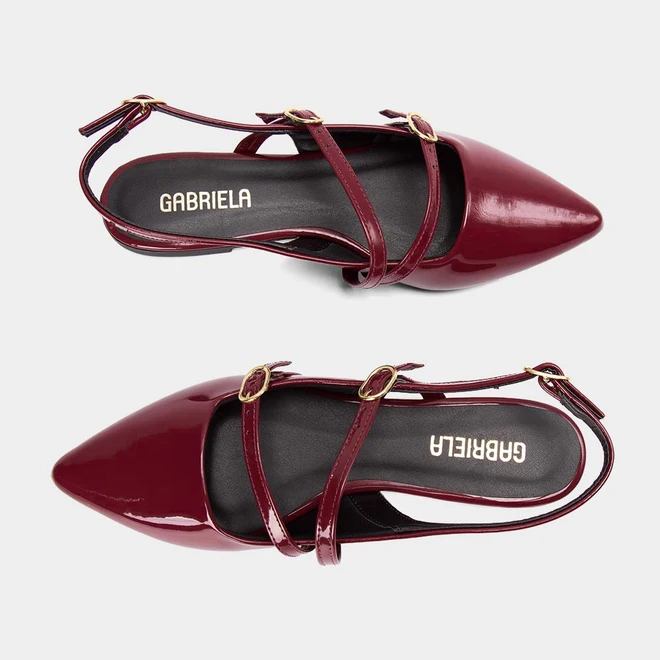 Sapatilha Boneca Slingback Feminina Gabriela Tiras Slim Fivelas Verniz Vinho