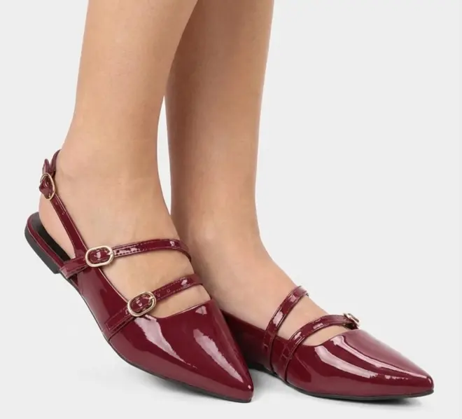 Sapatilha Boneca Slingback Feminina Gabriela Tiras Slim Fivelas Verniz Vinho