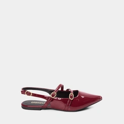 Sapatilha Boneca Slingback Feminina Gabriela Tiras Slim Fivelas Verniz Vinho