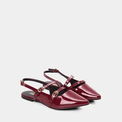 Sapatilha Boneca Slingback Feminina Gabriela Tiras Slim Fivelas Verniz Vinho