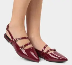 Sapatilha Boneca Slingback Feminina Gabriela Tiras Slim Fivelas Verniz Vinho