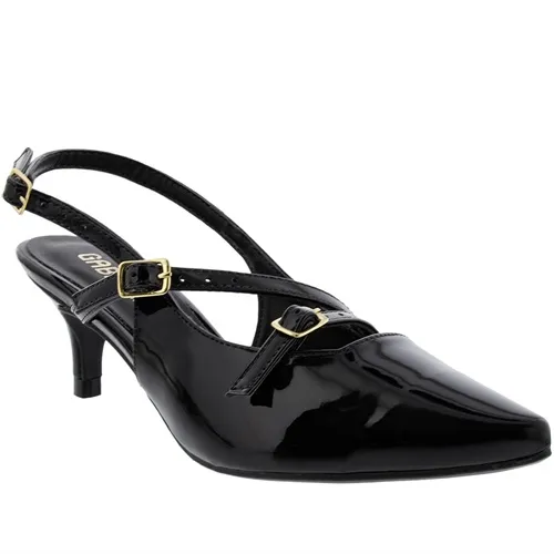 Scarpin Slingback Gabriela Salto Fino Fivelas Verniz Preto