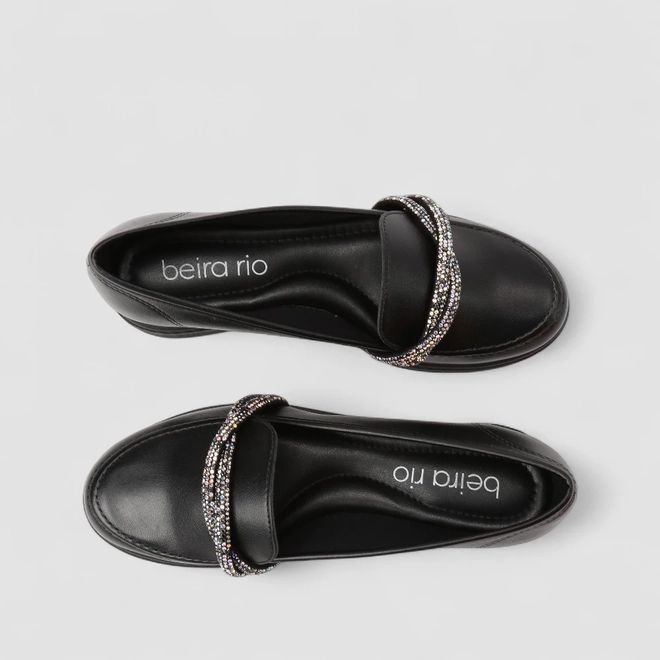 Mocassim Loafer Feminino Beira Rio Strass Trancado Preto
