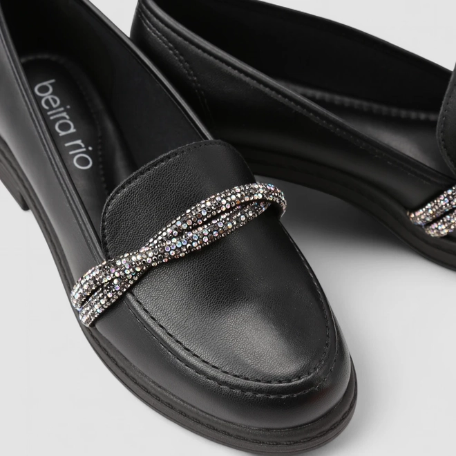 Mocassim Loafer Feminino Beira Rio Strass Trancado Preto