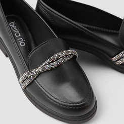 Mocassim Loafer Feminino Beira Rio Strass Trancado Preto