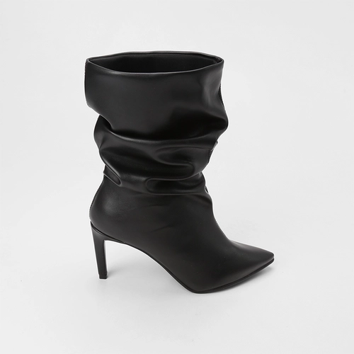 Bota Slouchy Feminina Gabriela Drapeado Cano Médio Pespontos Preto