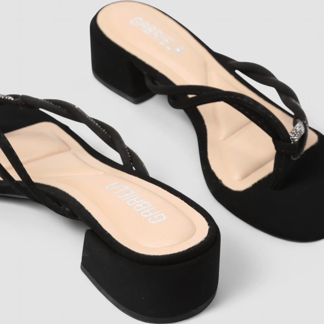 Tamanco Gabriela Salto Bloco Nó Tressê Strass Nobuck Preto
